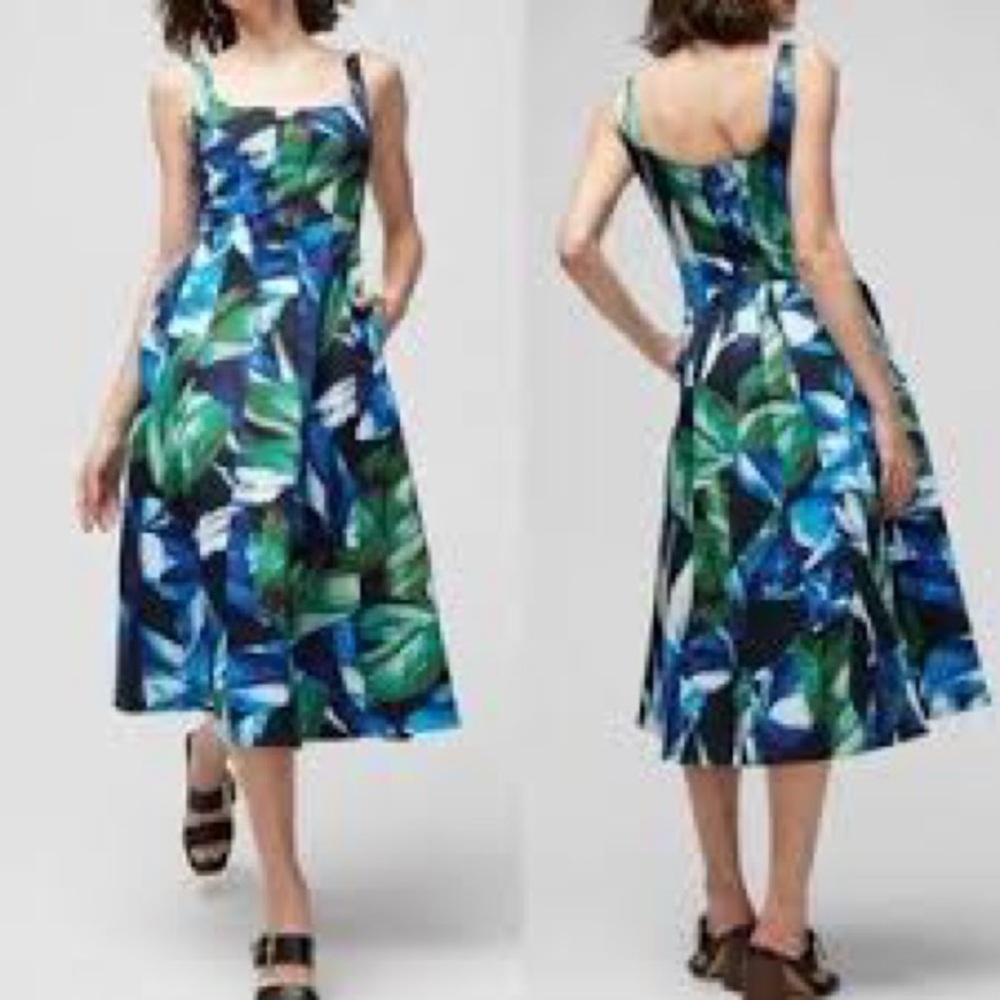 White House Black Market Blue & Green Leaf-Print Midi Dress